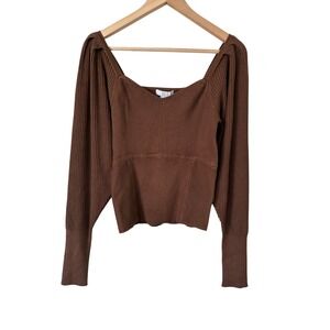 Design History Brown Ribbed Sweetheart Puff Sleeve Knit Sweater Top L neutral